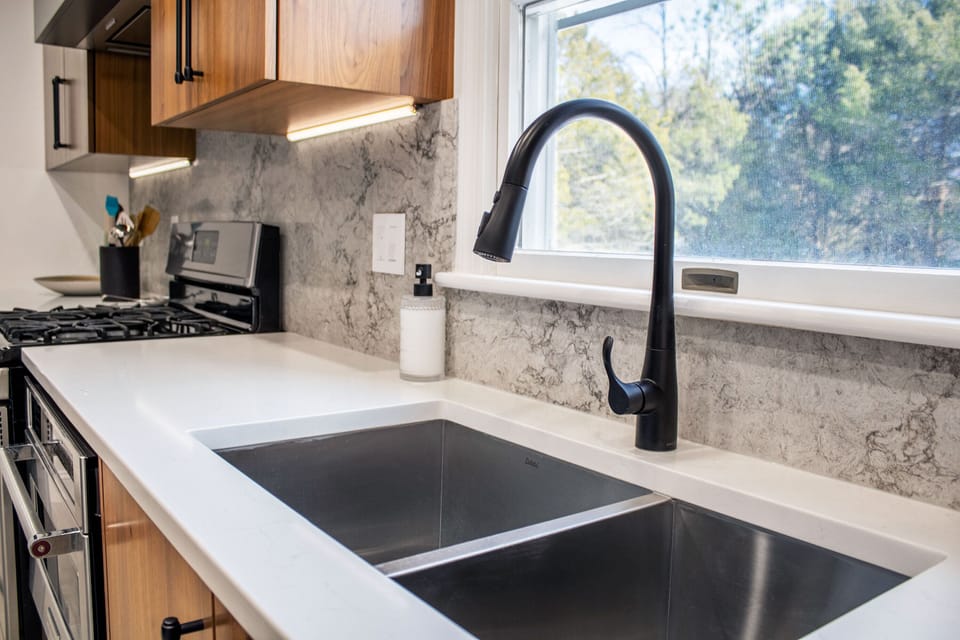 Close up of double sided stainless steel sink