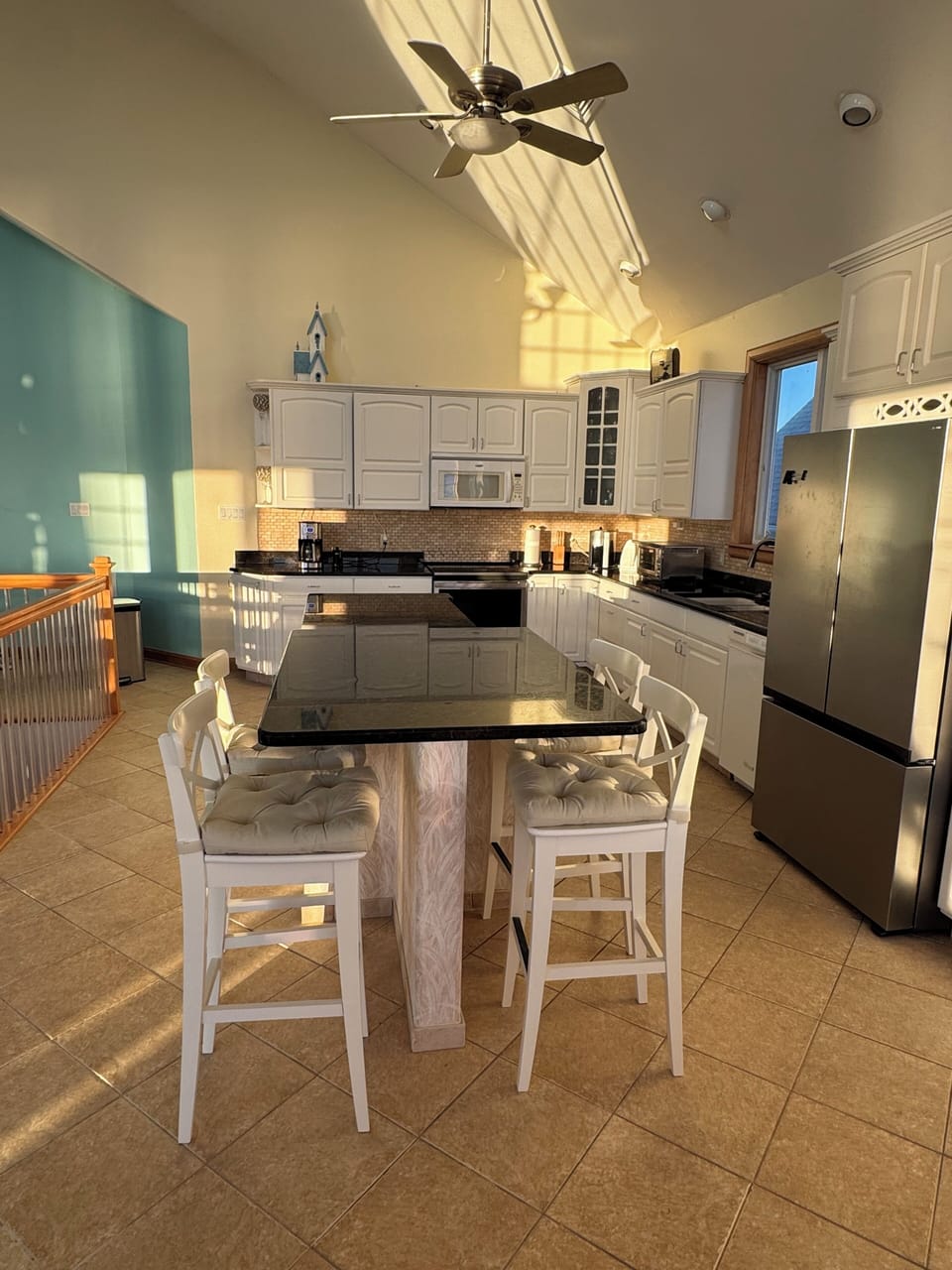 Kitchen and Island. New refrigerator.