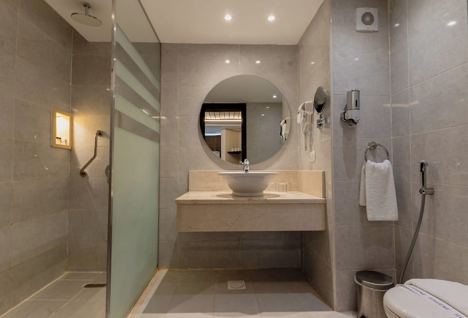 Hair dryer, soap, shampoo, toilet paper