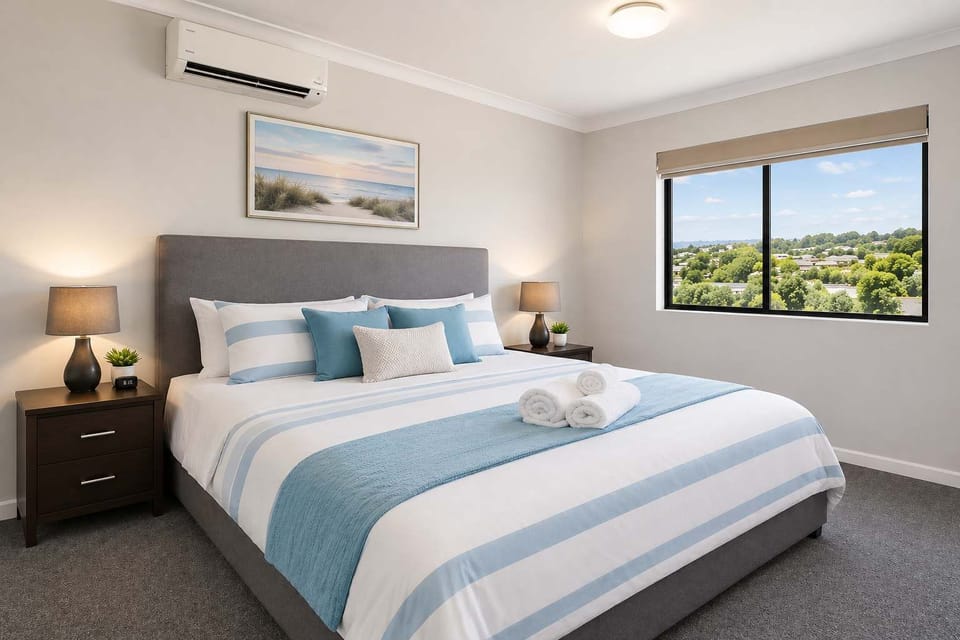 Main bedroom with queen bed, air conditioning and natural light
