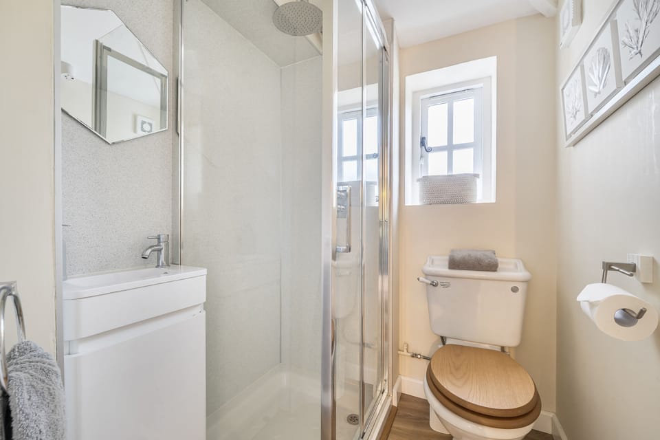 St Peter's Cottage, Cattistock: The ground floor cloakroom with shower