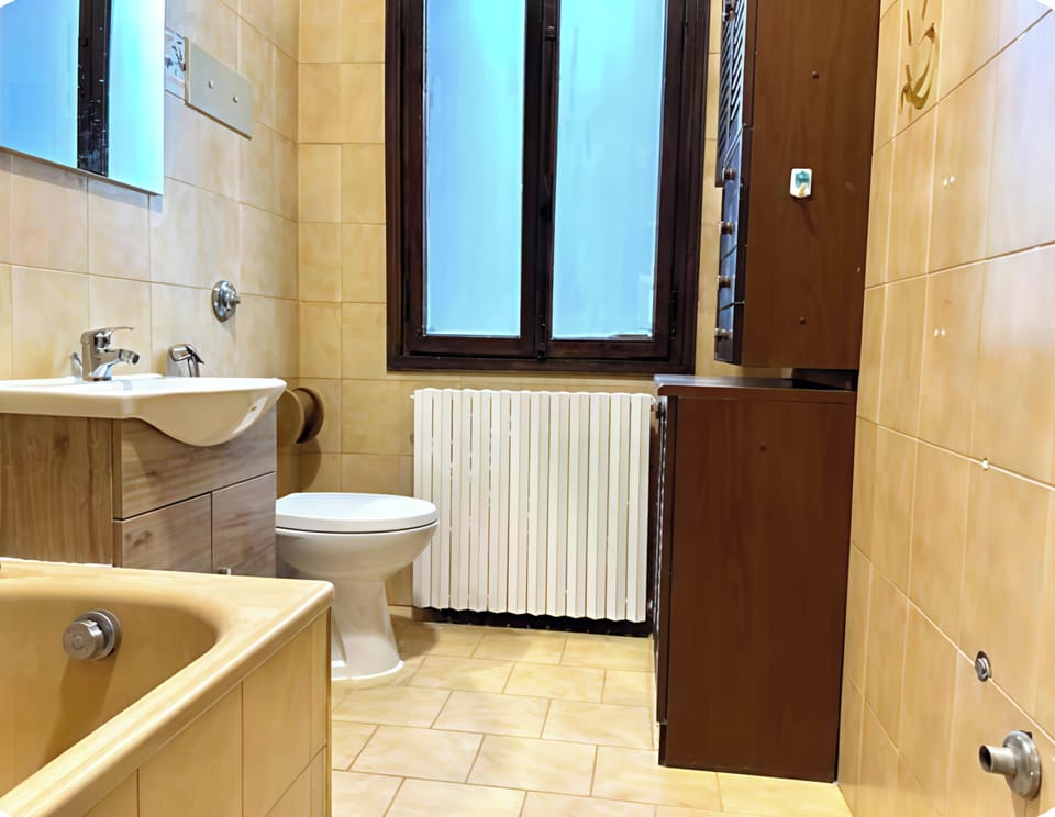 Bathtub, towels, soap, shampoo