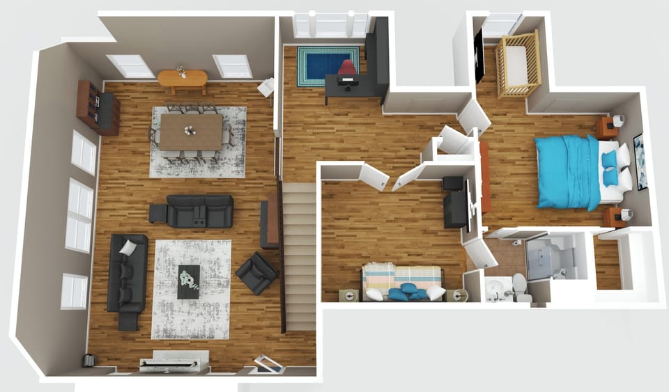 2nd-floor layout featuring the upstairs bedrooms and office area. Please note: the living and dining area shown on the left is the OPEN-TO-BELOW view of the main-floor living/dining space.