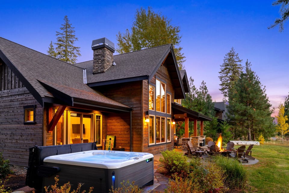 Hot tub and back patio at sunset