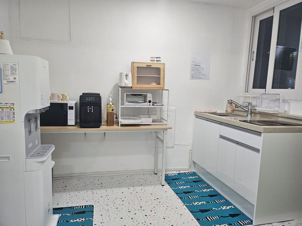 Mini-fridge, microwave, stovetop, toaster