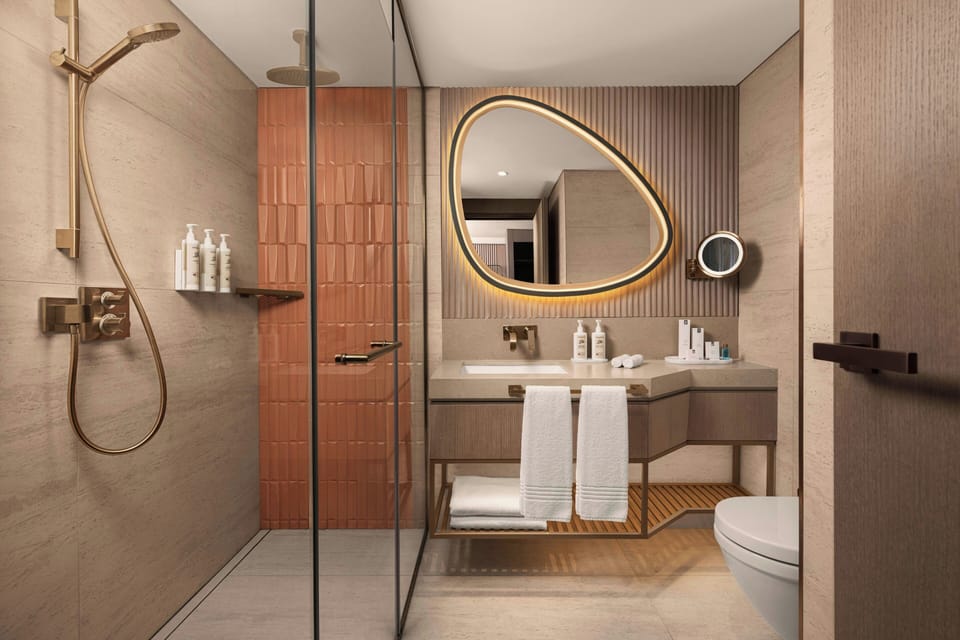 Shower, hydromassage showerhead, eco-friendly toiletries, hair dryer