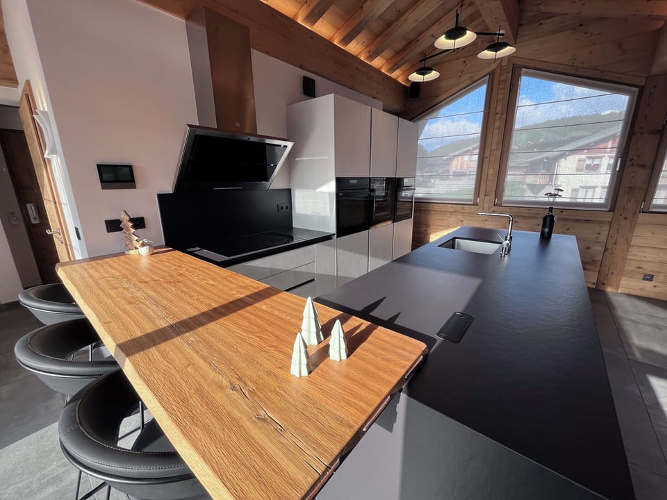 Full-size fridge, oven, stovetop, dishwasher