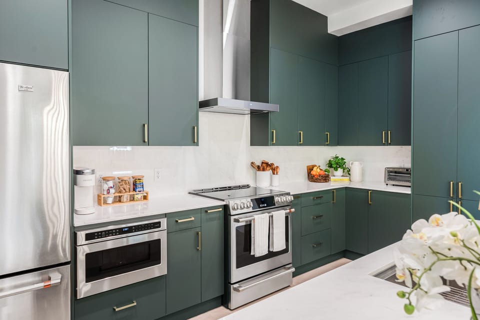 Gourmet kitchen with modern appliances.
