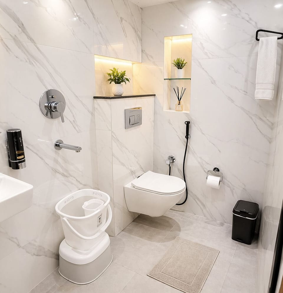 Shower, rainfall showerhead, slippers, bidet