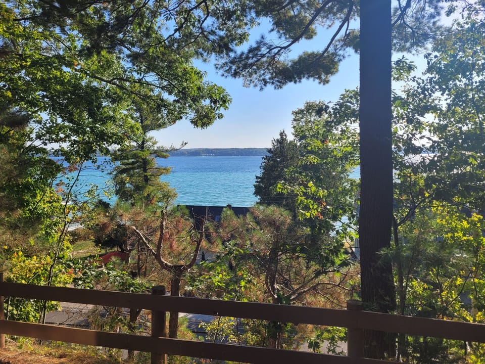 OVERVIEW:  The gorgeous view of Crystal Lake from the large deck, highlighting the multiple Caribbean colors of Crystal Lake