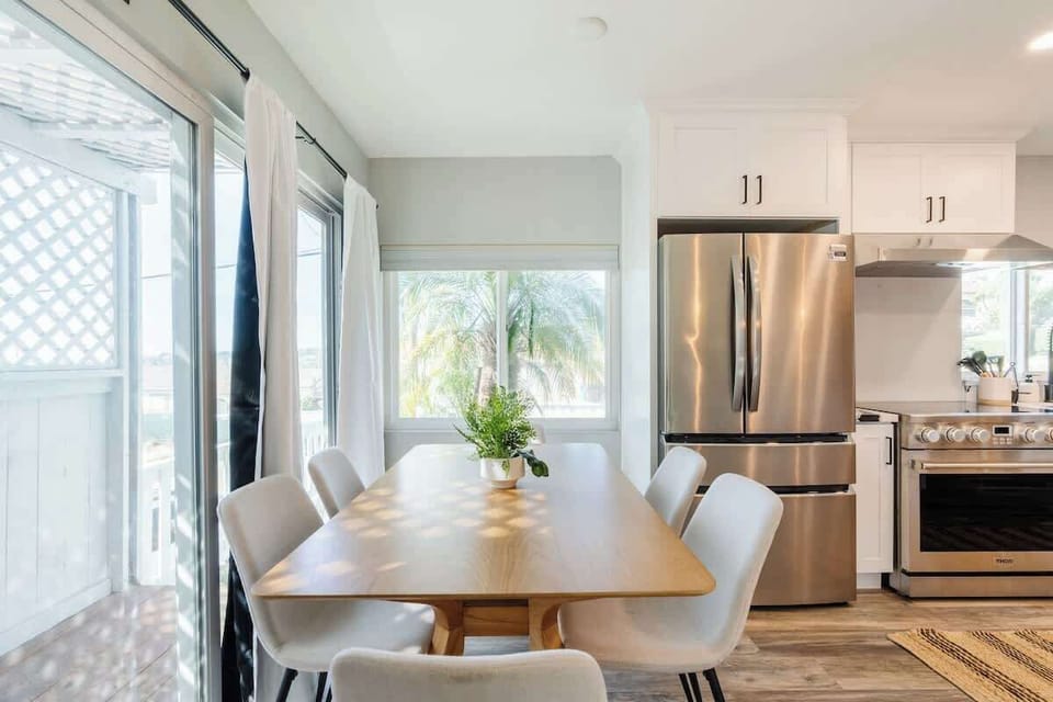 The kitchen features high-end appliances and quality cookware