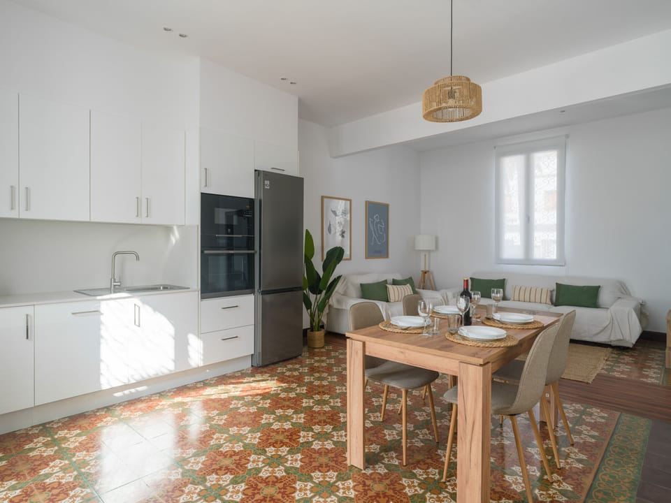 Living room with dining area and kitchen