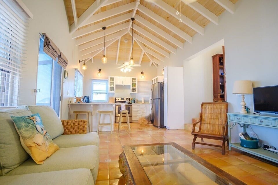 The living area features salvaged, original flooring from the owners childhood home.