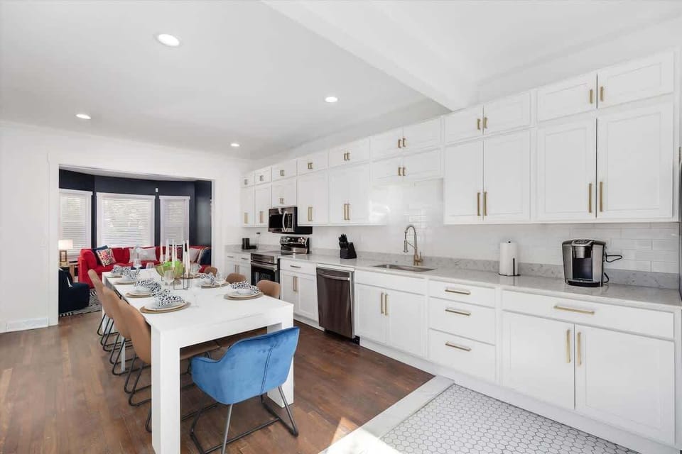 Spacious kitchen with island seating.