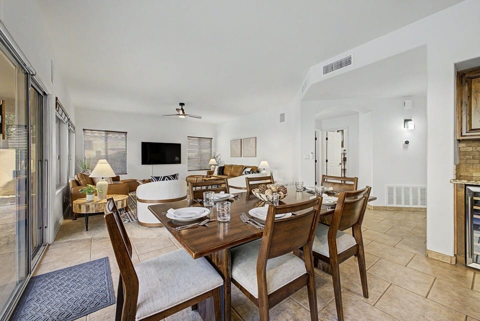 Open Kitchen, Living Room & Dining Area: Bright and airy space with stylish decor for memorable gatherings!