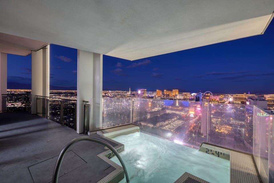 A stunning night view of the Strip, where the city glows with dazzling lights