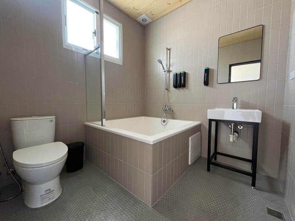 Combined shower/tub, hair dryer, towels, shampoo