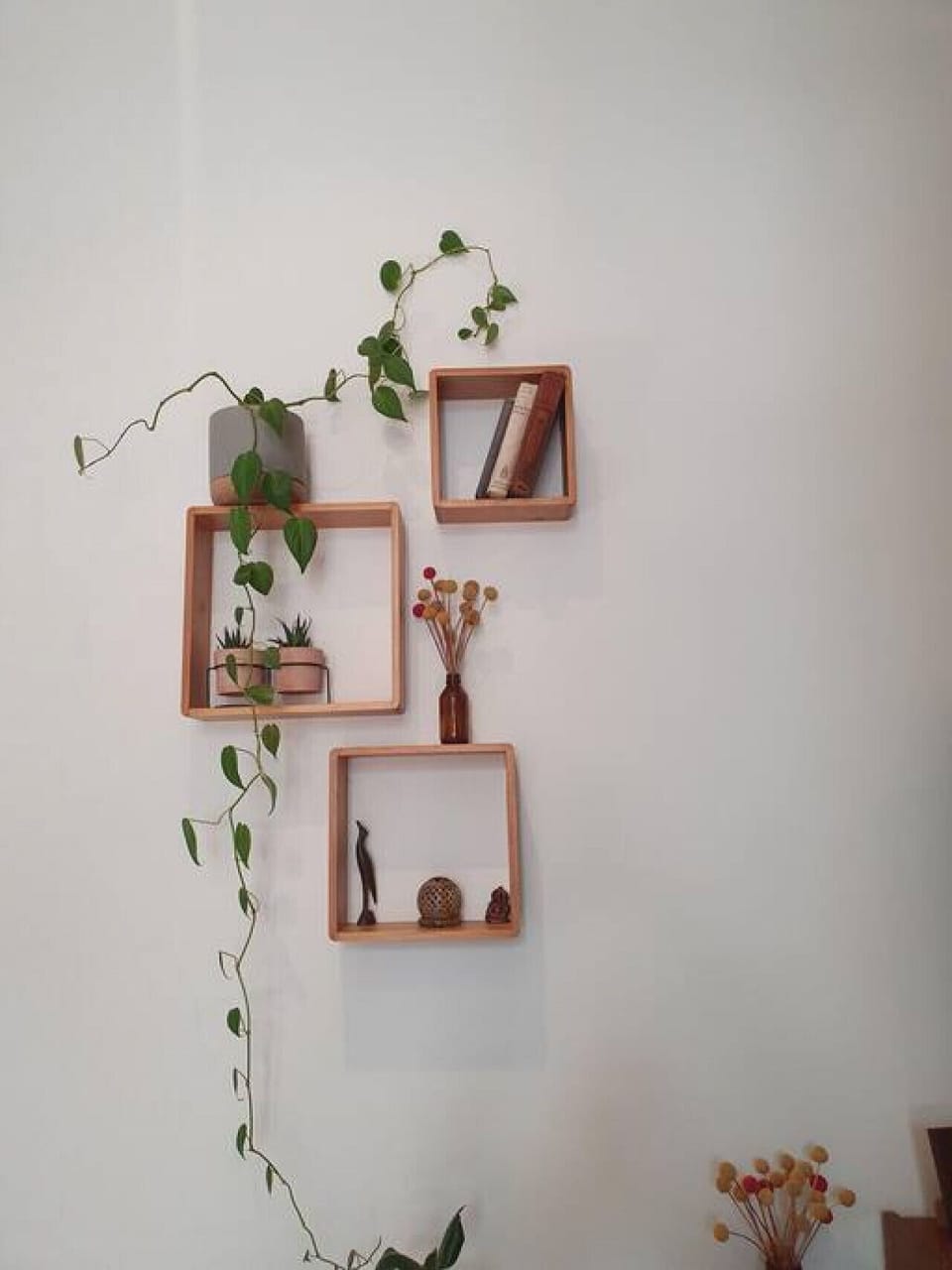 Delicate greenery trails across minimalist timber shelves, creating a calming, nature-inspired accent that brings warmth and quiet character to the space.