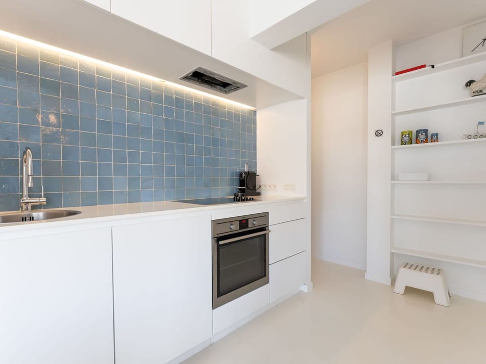 Flooring, Interior Design, Kitchen, Floor, Countertop, Ceiling, Cabinetry, Kitchen Appliance, Room, Tile