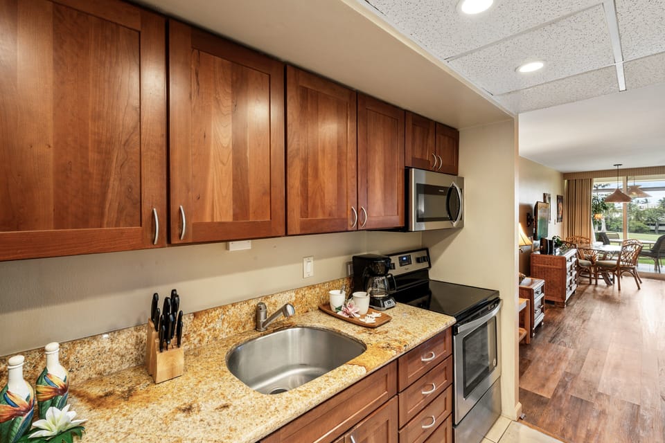 Functional kitchen with a granite countertop