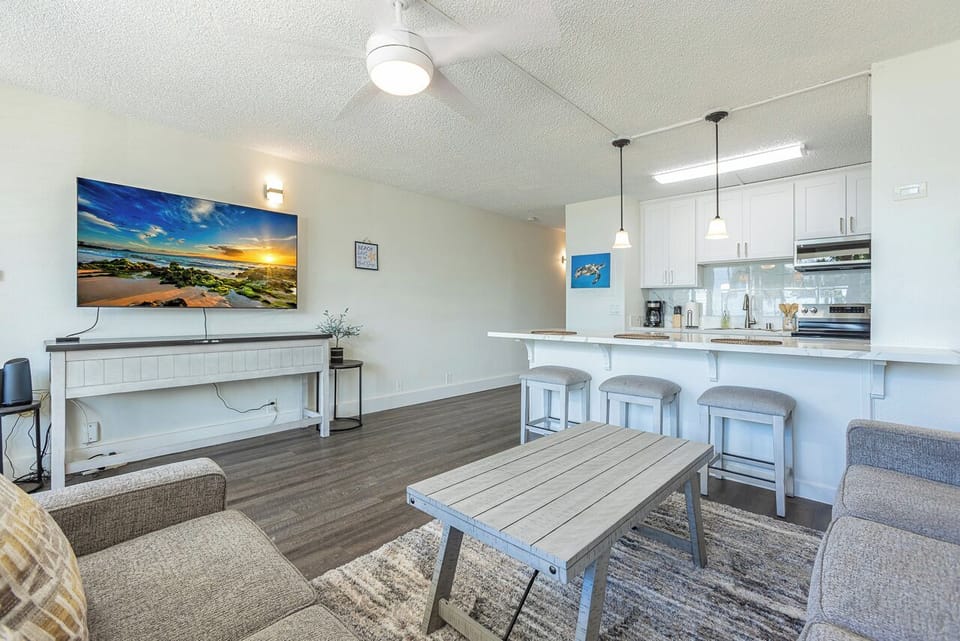 Open concept living area and TV makes for perfect for Maui mornings
