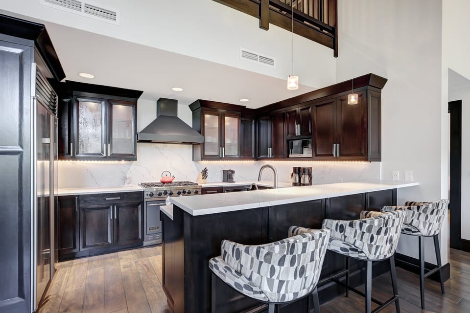 Indoors, Kitchen, Kitchen Island, Lamp, Chair
