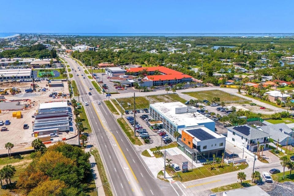 Aerial view showcasing the modern architecture of the building.