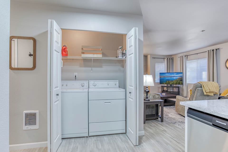 In Unit Washer/Dryer with detergent and fabric sheets.