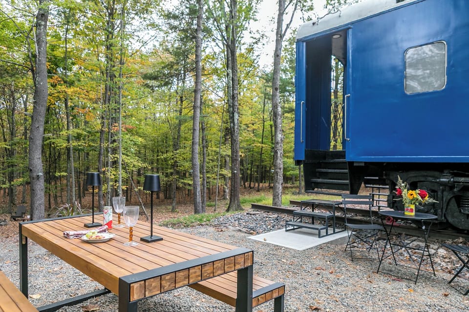 Fire pit and hammock located through the trees.