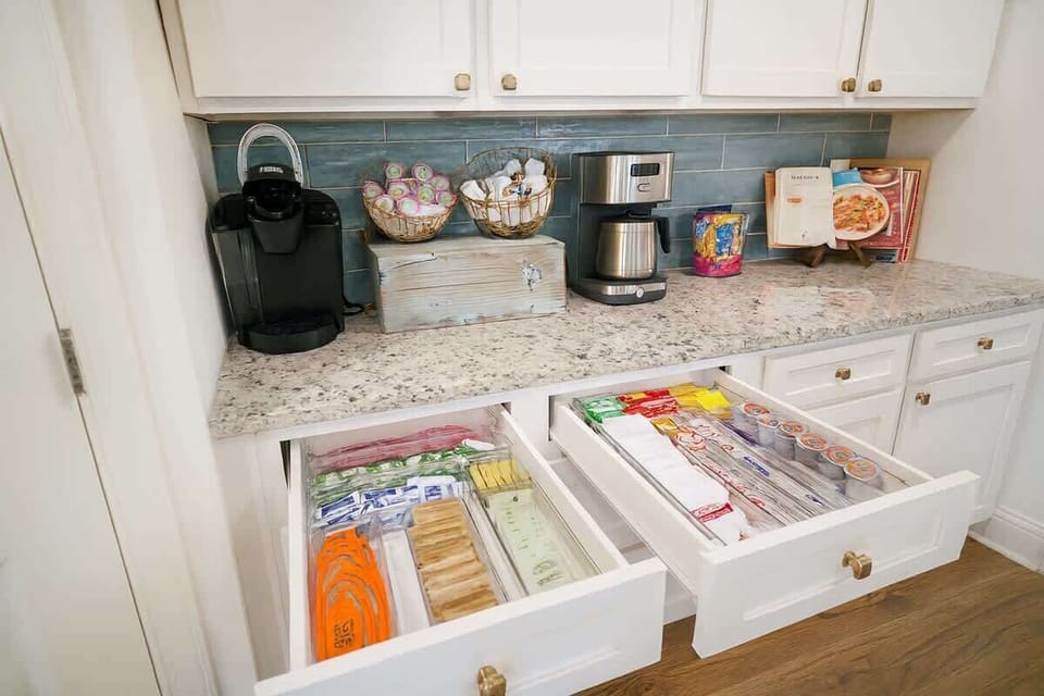 Well-stocked coffee bar with Keurig, pods, teas, and all the essentials