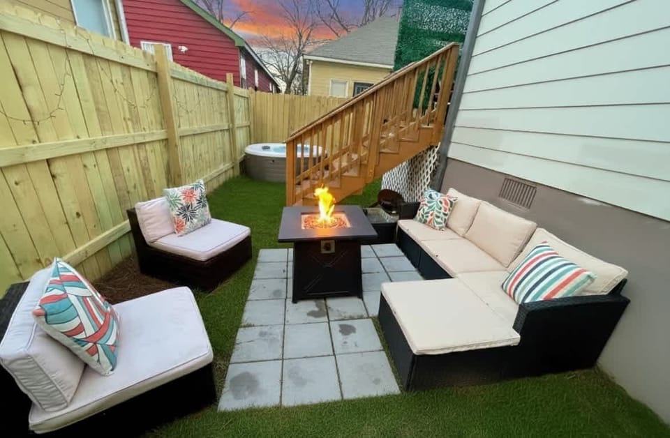 Please note the grass is not full and green during the winter season. Hot tub is an ‘inflatable’ version that fits 4-6 adults. Fire pit is propane gas operated. 
