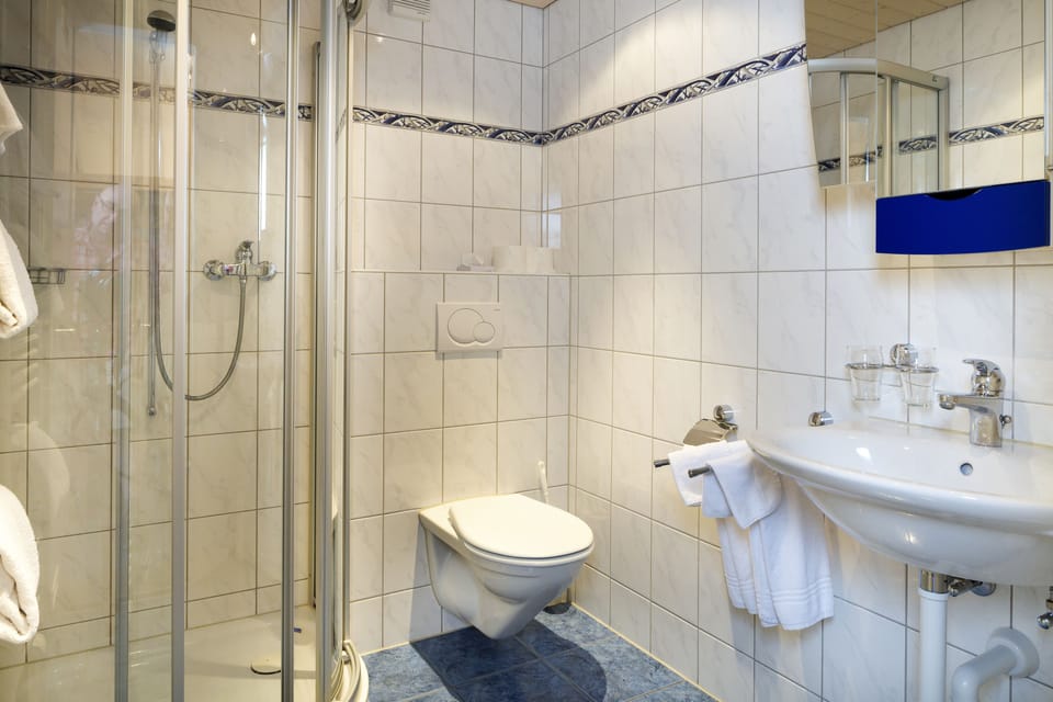 Combined shower/tub, free toiletries, hair dryer, towels