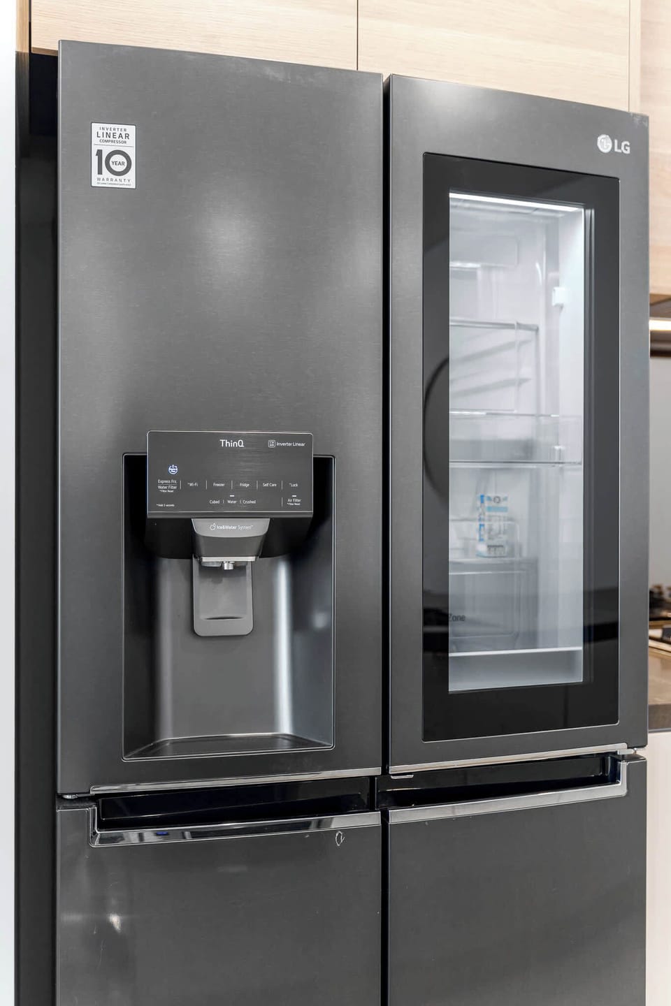 Premium LG InstaView fridge — simply knock twice on the glass to see inside without opening the door, keeping your food fresh and cool.