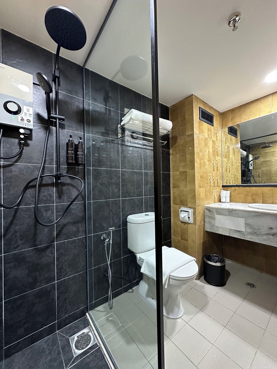 Rainfall showerhead, hair dryer, slippers, bidet