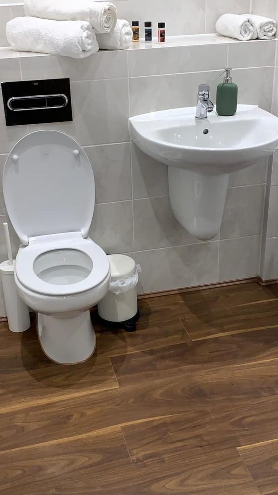 Shower, towels, toilet paper