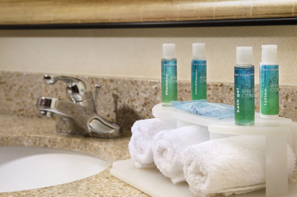 Combined shower/tub, free toiletries, hair dryer, towels