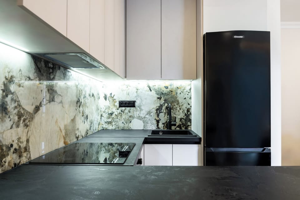Apartment | Private kitchen | Full-size fridge, microwave, oven, stovetop