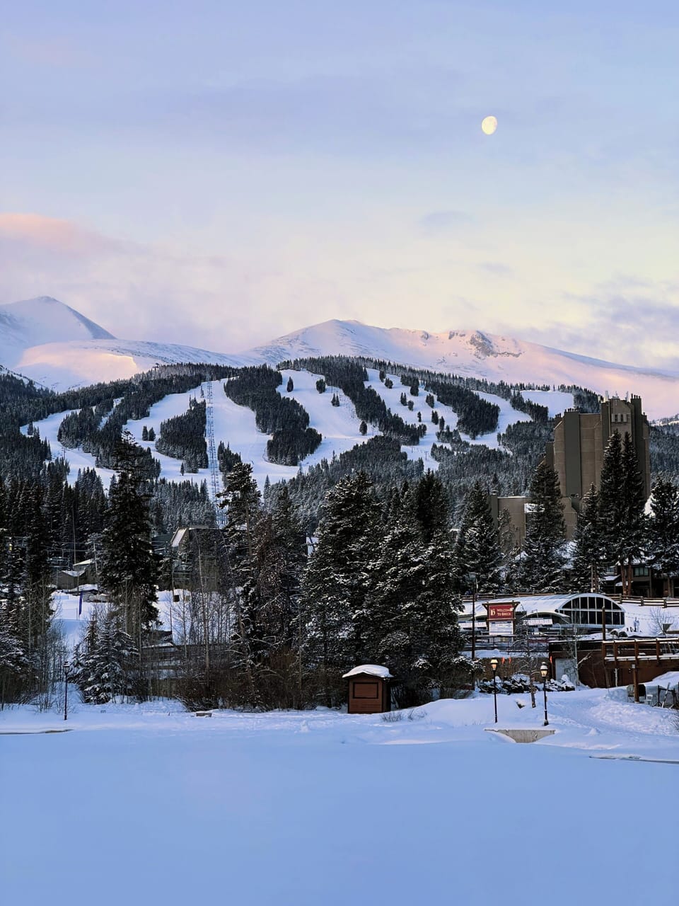 Snowy winter view of Breckenridge Mountain from Maggie Pond - just steps away. 