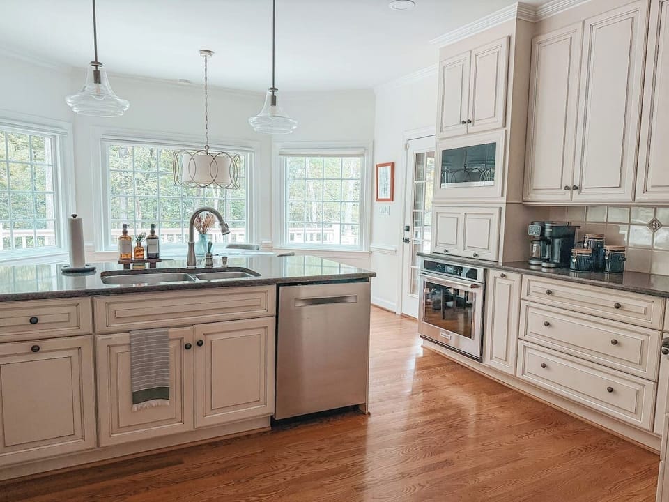Bright, fully stocked kitchen