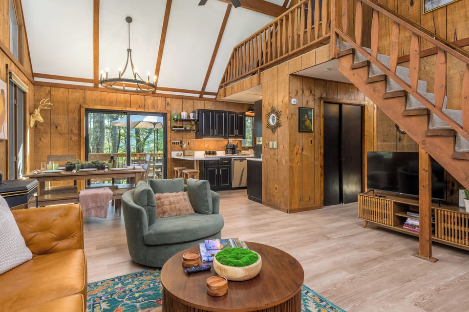Vaulted A-Frame Living Room with Gas Fireplace 