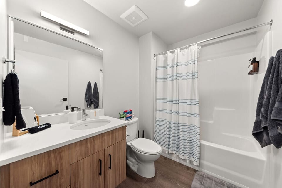 - Sleek bathroom with bright lighting and modern vanity   - Walk-in shower and fresh towels for a spa-like refresh   - Clean design with wood accents and essentials provided