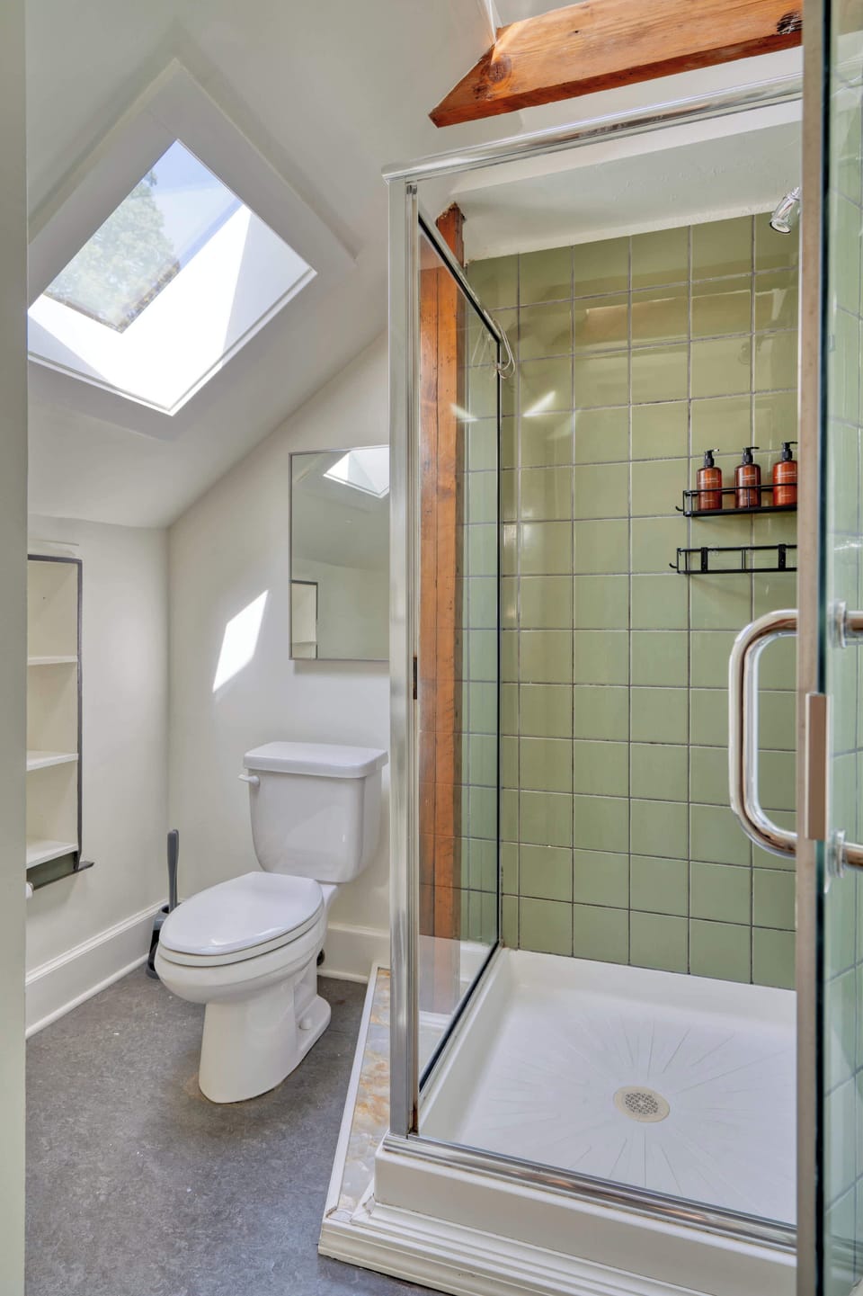 Bathroom with glass-enclosed shower tray, toilet and skylight.