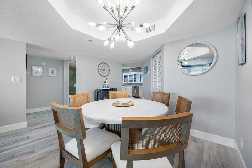 Dining area for six with new chandelier