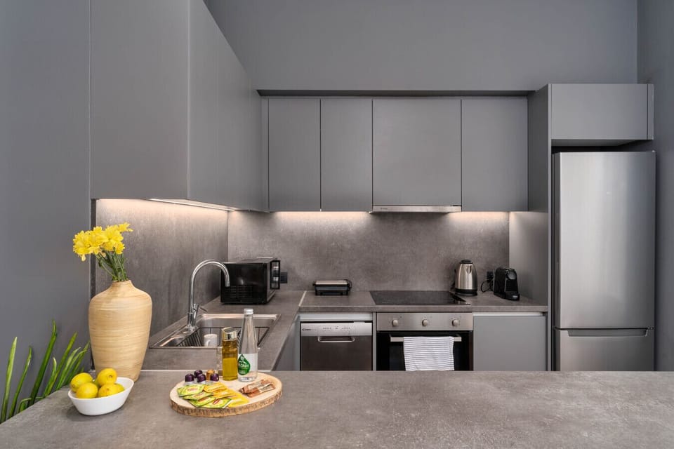 Sleek grey kitchen with full amenities, designed for refined living and shared moments over Mediterranean flavors.