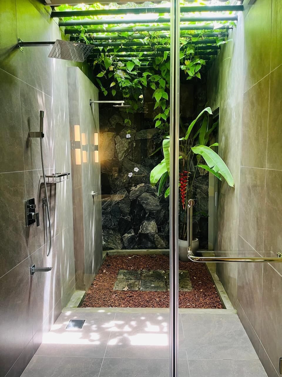 Shower, hair dryer, slippers, towels