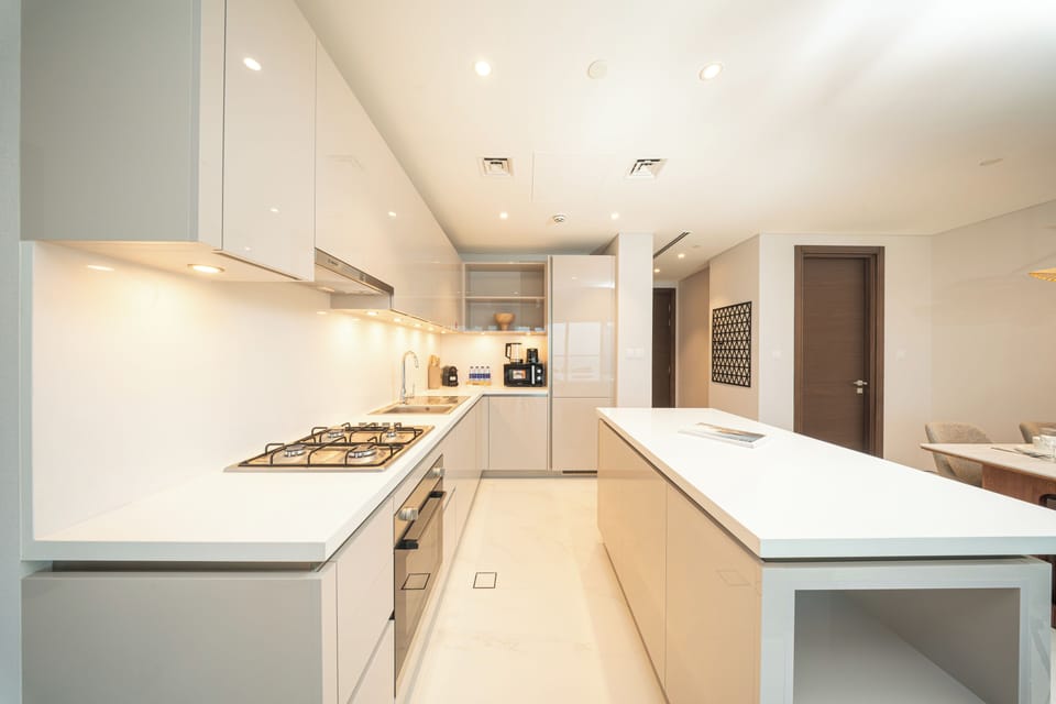 Luxury Apartment, Lake View | Private kitchen | Full-size fridge, microwave, oven, stovetop