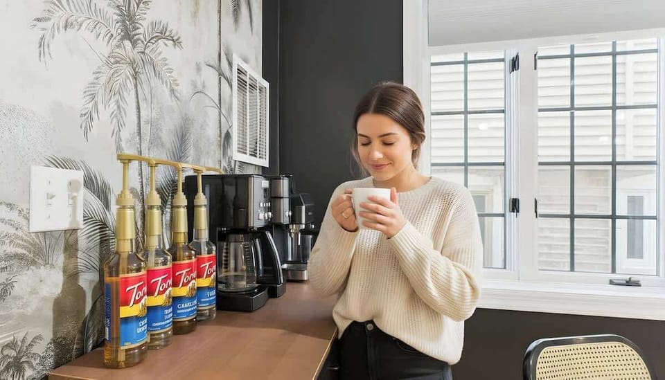 Coffee Corner: Savor your brew with our premium machine and delightful flavor syrups!