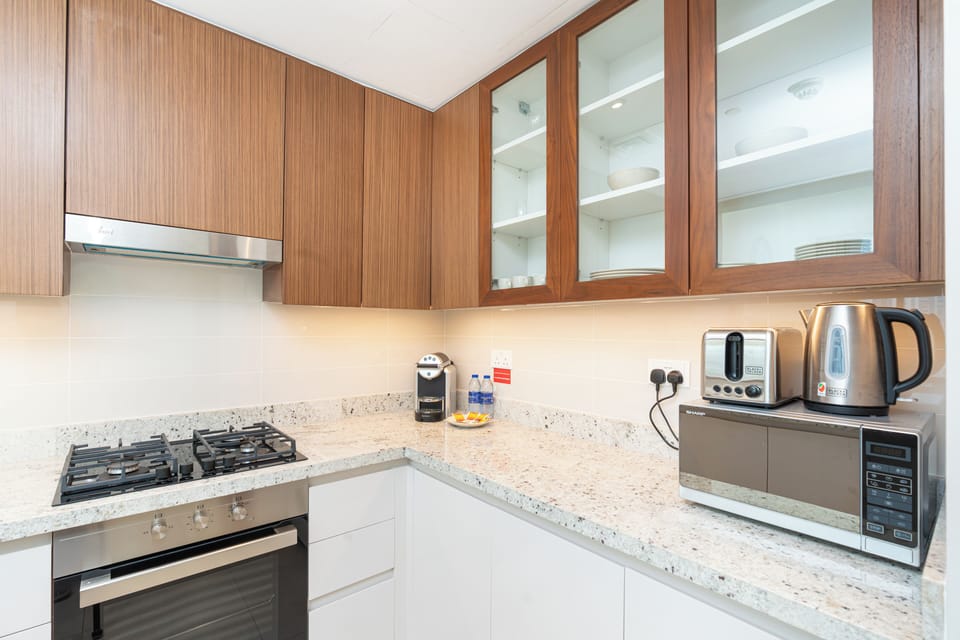 Exclusive Apartment, City View | Private kitchen | Full-size fridge, microwave, oven, stovetop