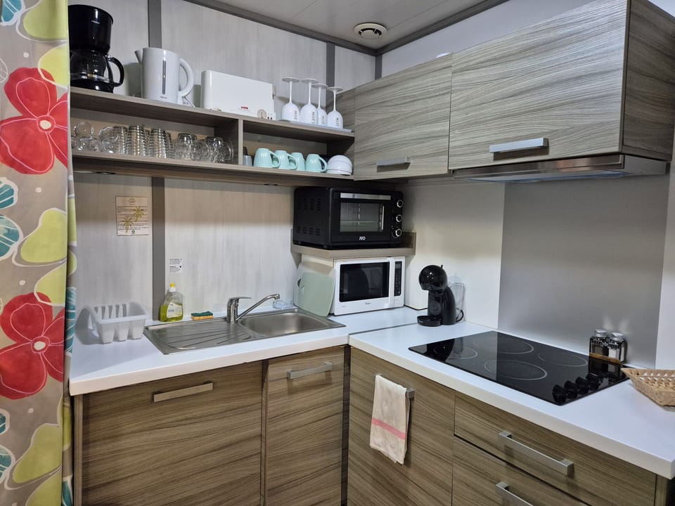 Comfort Cottage, 2 Bedrooms, Air conditioning, Garden View | Private kitchen | Fridge, microwave, oven, stovetop