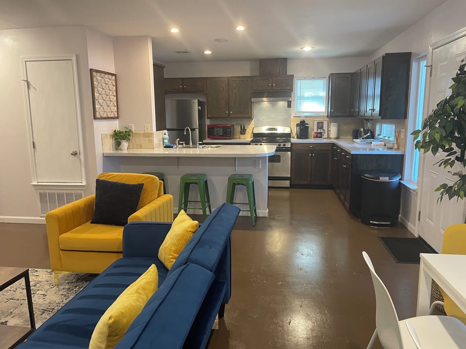 View from living area into the kitchen.